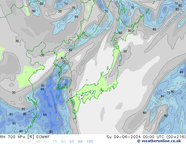 RH 700 hPa ECMWF Su 09.06.2024 00 UTC