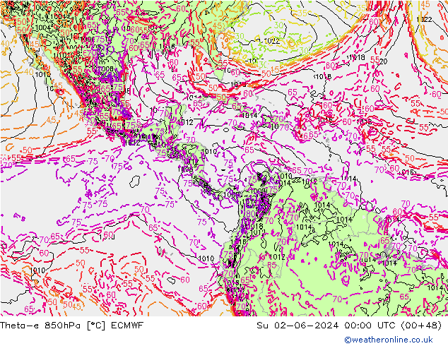 Theta-e 850hPa ECMWF dim 02.06.2024 00 UTC