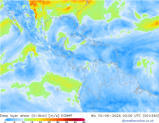 Deep layer shear (0-6km) ECMWF Po 10.06.2024 00 UTC