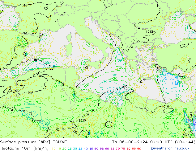 Isotachs (kph) ECMWF jeu 06.06.2024 00 UTC