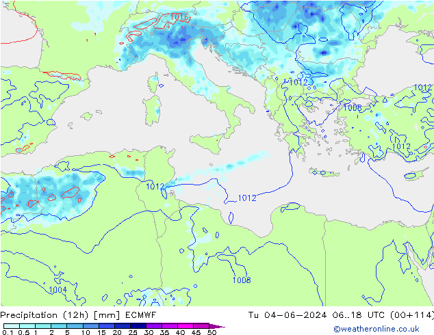 Precipitation (12h) ECMWF Tu 04.06.2024 18 UTC