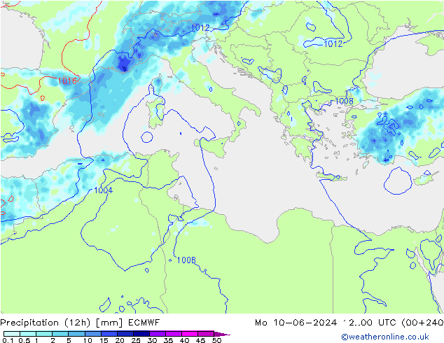 Precipitation (12h) ECMWF Po 10.06.2024 00 UTC