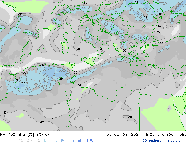 RH 700 hPa ECMWF Qua 05.06.2024 18 UTC