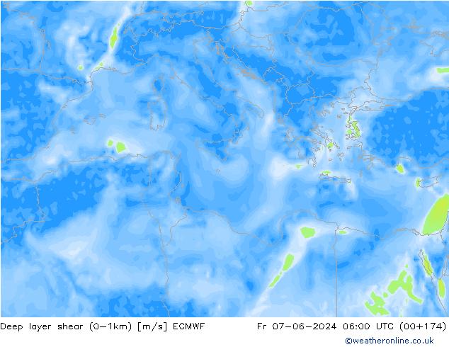 Deep layer shear (0-1km) ECMWF ven 07.06.2024 06 UTC