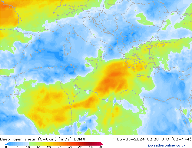 Deep layer shear (0-6km) ECMWF do 06.06.2024 00 UTC