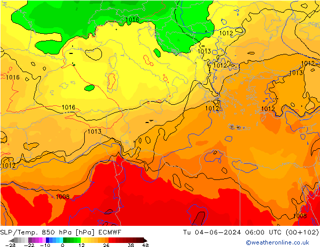 SLP/Temp. 850 hPa ECMWF Di 04.06.2024 06 UTC