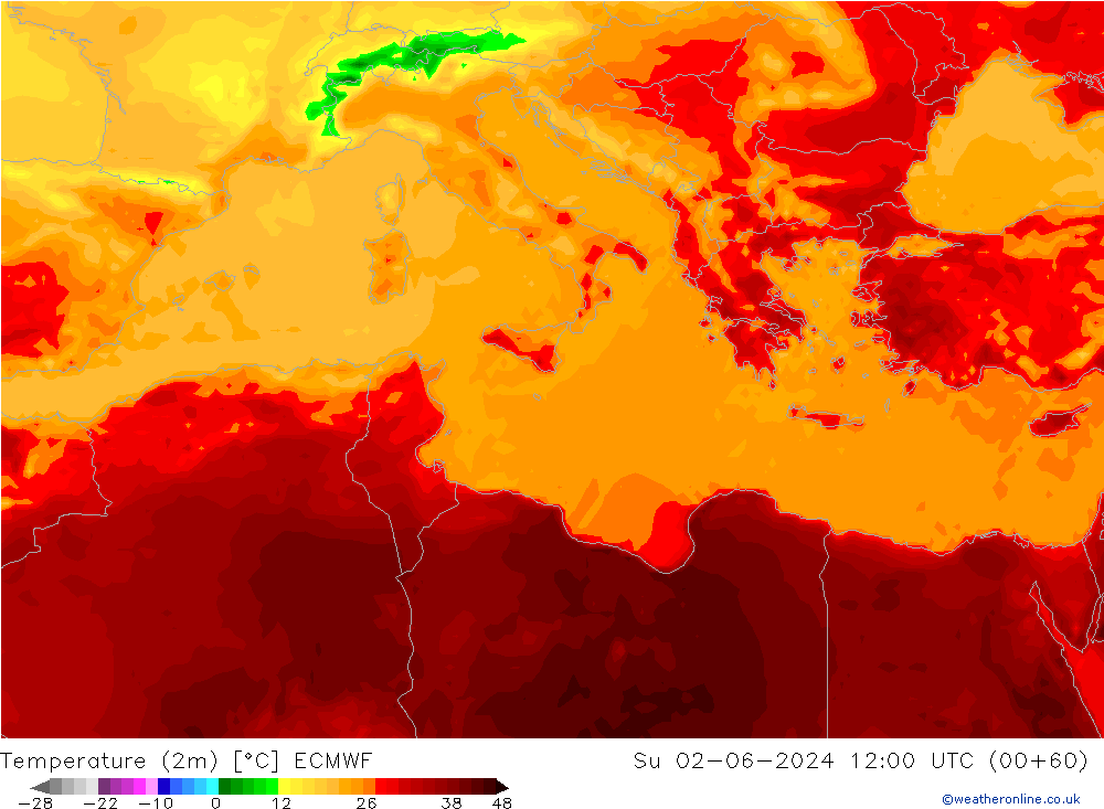 Temperatura (2m) ECMWF dom 02.06.2024 12 UTC