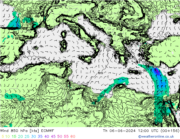 wiatr 850 hPa ECMWF czw. 06.06.2024 12 UTC