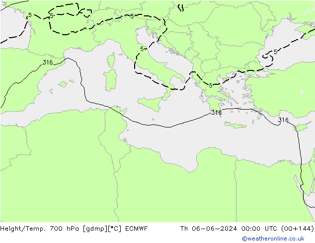 Height/Temp. 700 hPa ECMWF Qui 06.06.2024 00 UTC