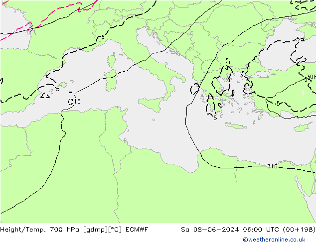 Geop./Temp. 700 hPa ECMWF sáb 08.06.2024 06 UTC