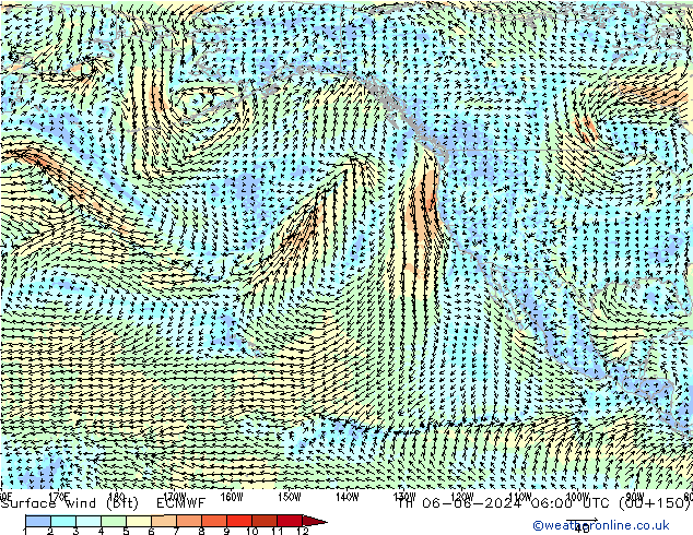 wiatr 10 m (bft) ECMWF czw. 06.06.2024 06 UTC