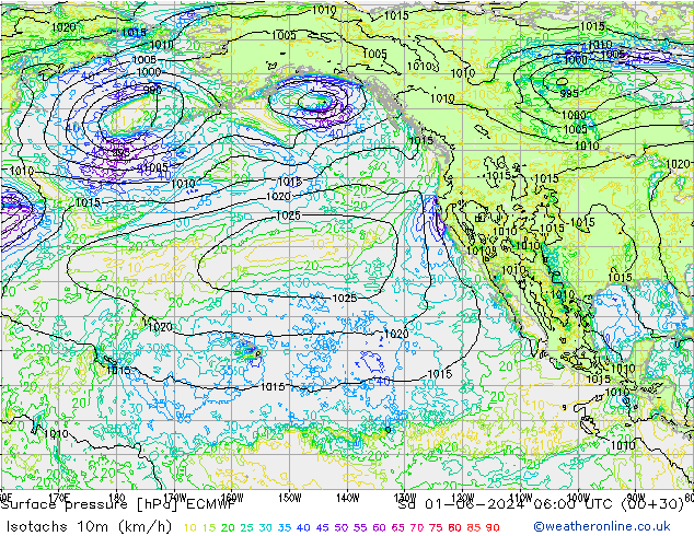 Isotachs (kph) ECMWF сб 01.06.2024 06 UTC