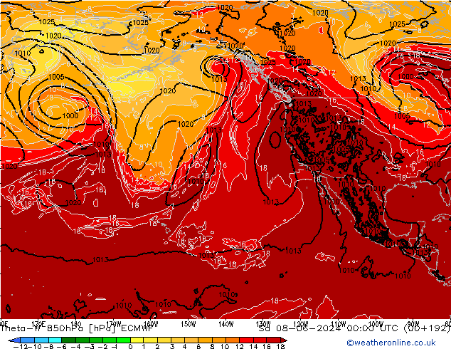 Theta-W 850hPa ECMWF sam 08.06.2024 00 UTC