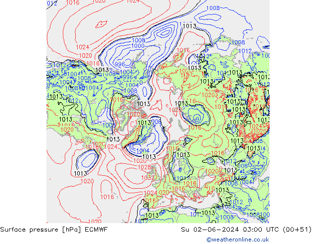 Atmosférický tlak ECMWF Ne 02.06.2024 03 UTC