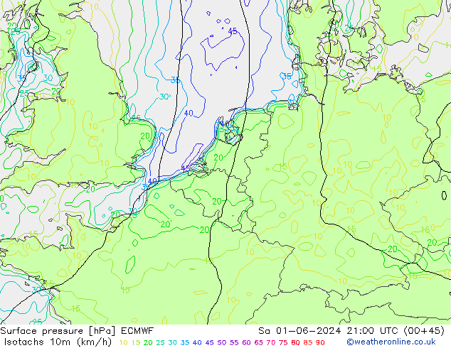 Isotachen (km/h) ECMWF Sa 01.06.2024 21 UTC