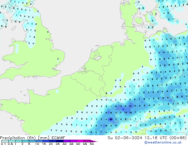 Precipitazione (6h) ECMWF dom 02.06.2024 18 UTC