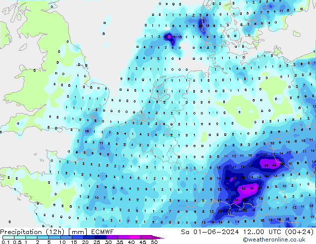 Precipitation (12h) ECMWF Sa 01.06.2024 00 UTC