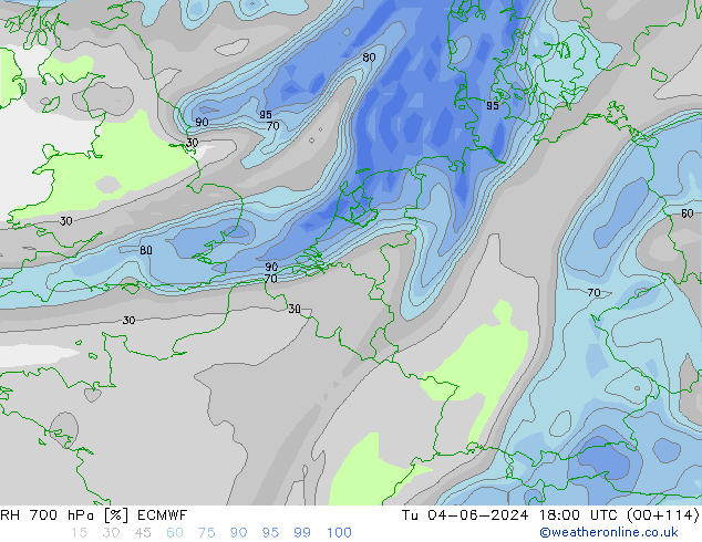 RH 700 hPa ECMWF Tu 04.06.2024 18 UTC