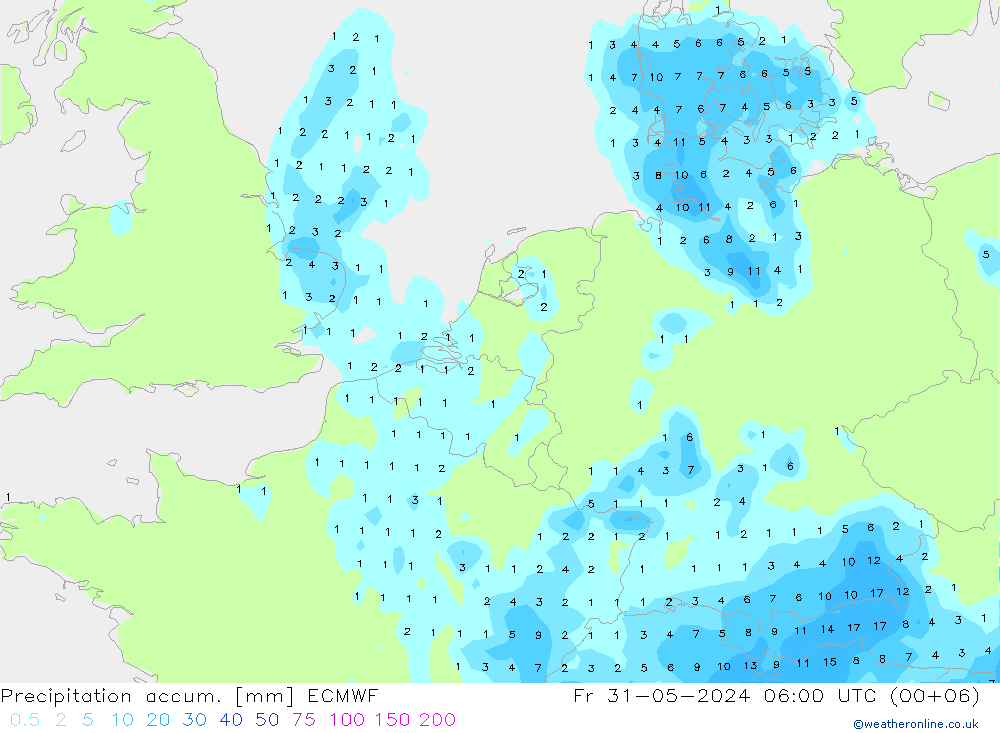 Precipitation accum. ECMWF Fr 31.05.2024 06 UTC