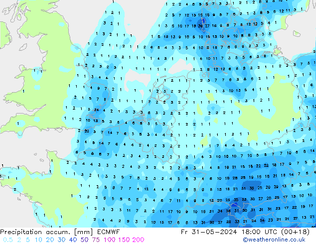 Precipitation accum. ECMWF Sex 31.05.2024 18 UTC