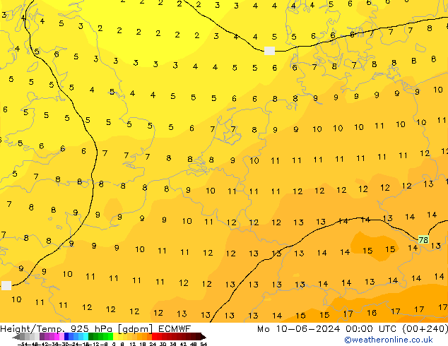 Height/Temp. 925 hPa ECMWF Mo 10.06.2024 00 UTC