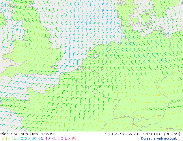 Vento 950 hPa ECMWF dom 02.06.2024 12 UTC