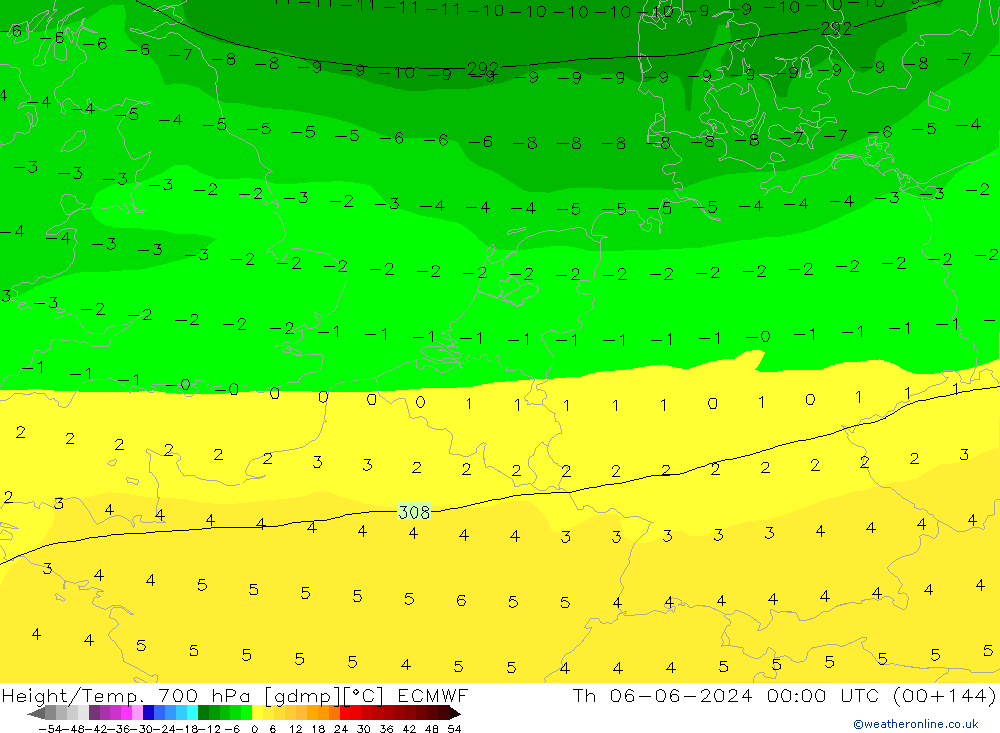 Geop./Temp. 700 hPa ECMWF jue 06.06.2024 00 UTC