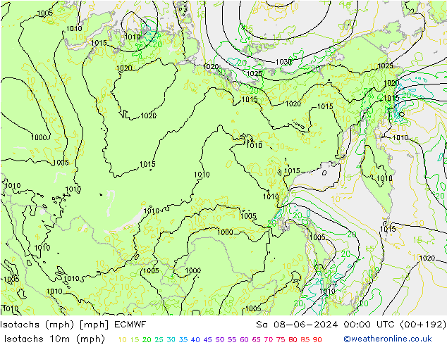 Isotachs (mph) ECMWF Sa 08.06.2024 00 UTC