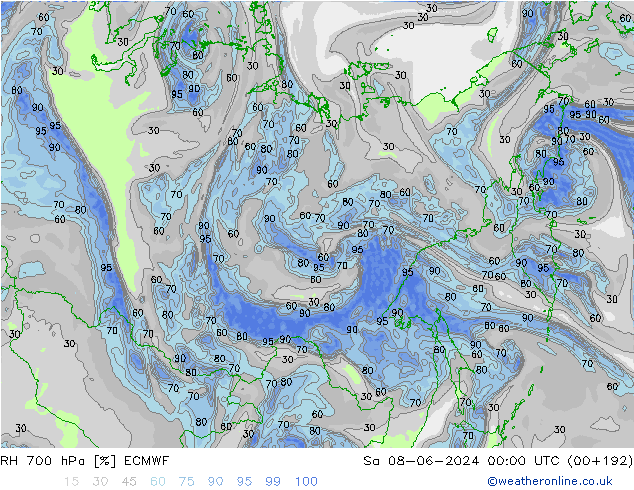 RH 700 hPa ECMWF Sa 08.06.2024 00 UTC