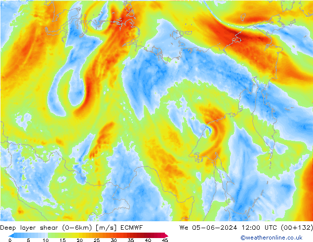 Deep layer shear (0-6km) ECMWF  05.06.2024 12 UTC