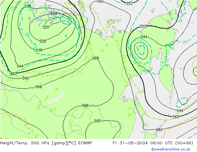 Z500/Regen(+SLP)/Z850 ECMWF vr 31.05.2024 06 UTC