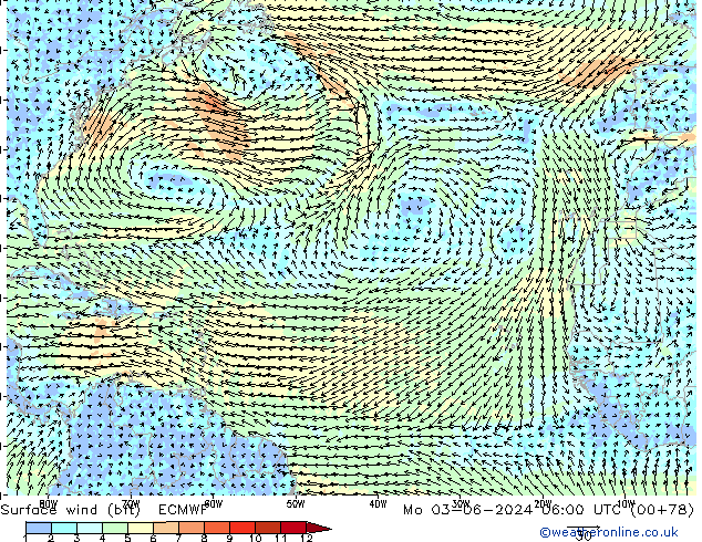 wiatr 10 m (bft) ECMWF pon. 03.06.2024 06 UTC