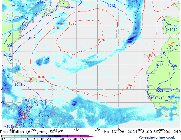 Totale neerslag (6h) ECMWF ma 10.06.2024 00 UTC