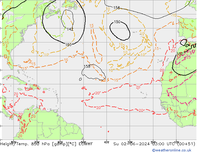 Yükseklik/Sıc. 850 hPa ECMWF Paz 02.06.2024 03 UTC