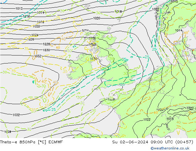 Theta-e 850hPa ECMWF So 02.06.2024 09 UTC