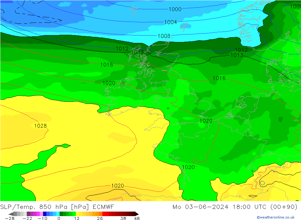 SLP/Temp. 850 hPa ECMWF pon. 03.06.2024 18 UTC