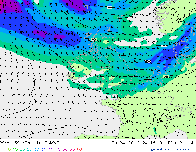 Wind 950 hPa ECMWF Út 04.06.2024 18 UTC