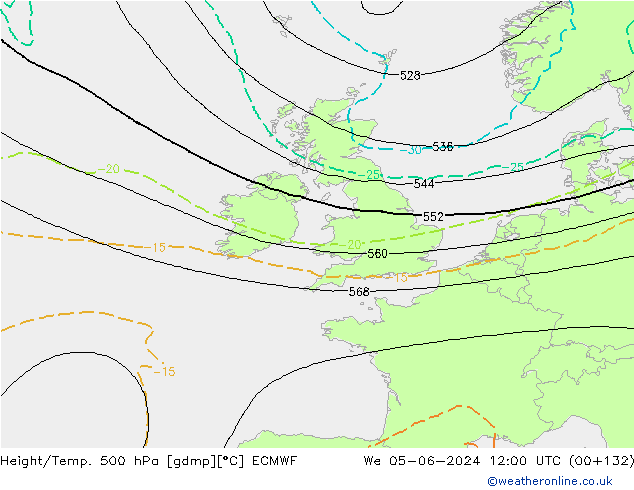 Z500/Rain (+SLP)/Z850 ECMWF Mi 05.06.2024 12 UTC