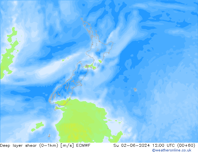 Deep layer shear (0-1km) ECMWF dim 02.06.2024 12 UTC