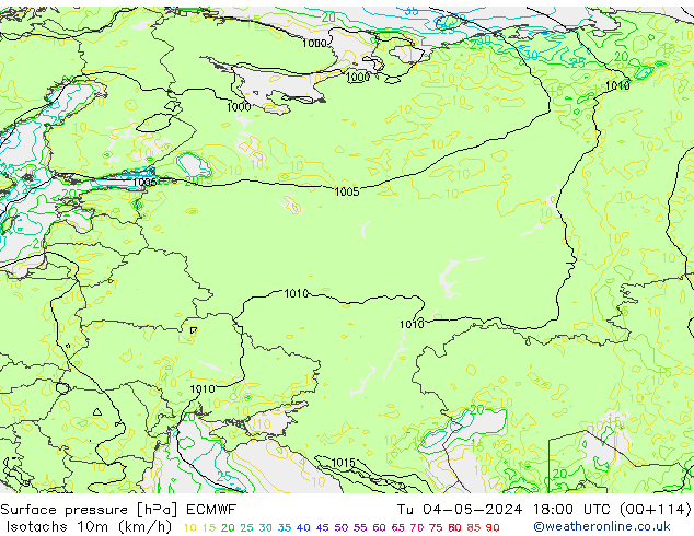 Isotachs (kph) ECMWF Út 04.06.2024 18 UTC