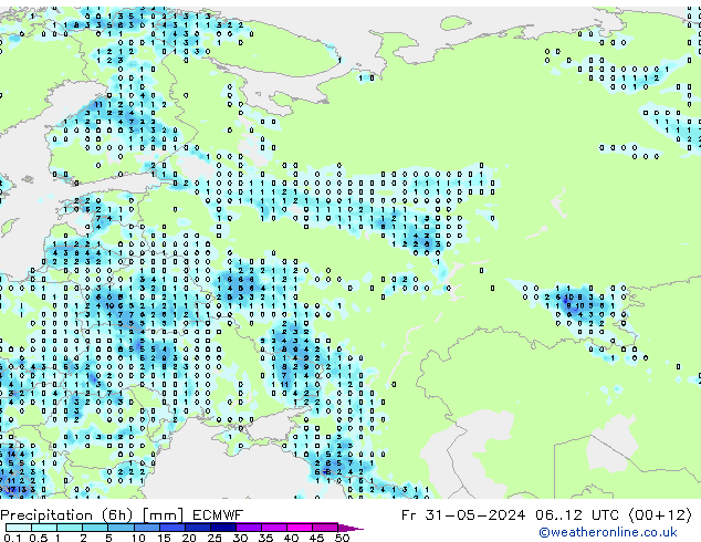 Precipitation (6h) ECMWF Pá 31.05.2024 12 UTC