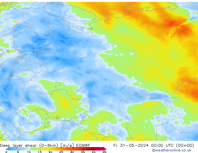 Deep layer shear (0-6km) ECMWF pt. 31.05.2024 00 UTC