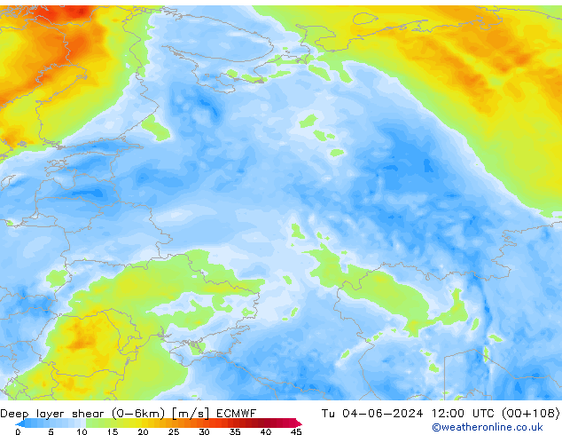 Deep layer shear (0-6km) ECMWF Di 04.06.2024 12 UTC