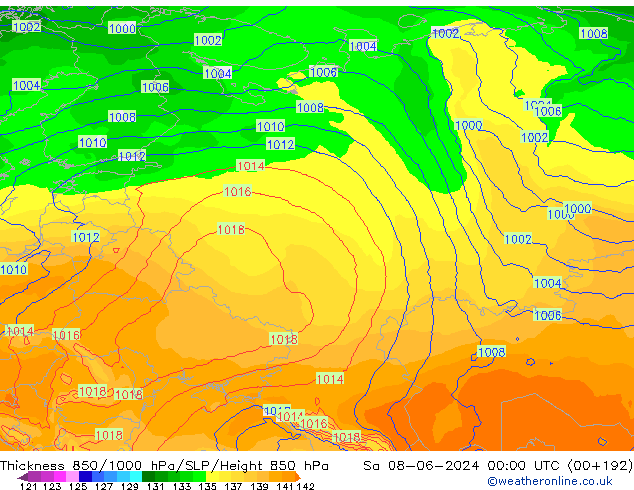 Thck 850-1000 hPa ECMWF Sáb 08.06.2024 00 UTC