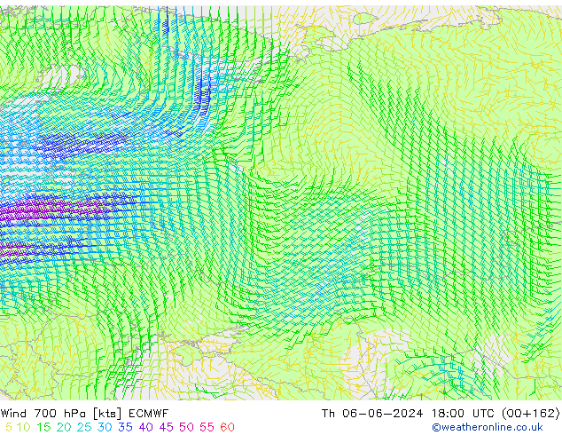 Vento 700 hPa ECMWF gio 06.06.2024 18 UTC