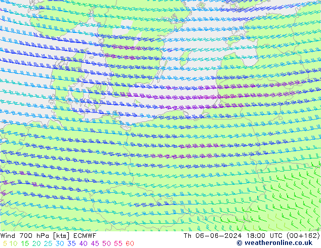 Wind 700 hPa ECMWF Do 06.06.2024 18 UTC