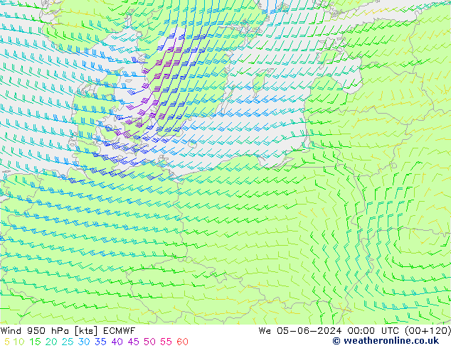 Vento 950 hPa ECMWF Qua 05.06.2024 00 UTC