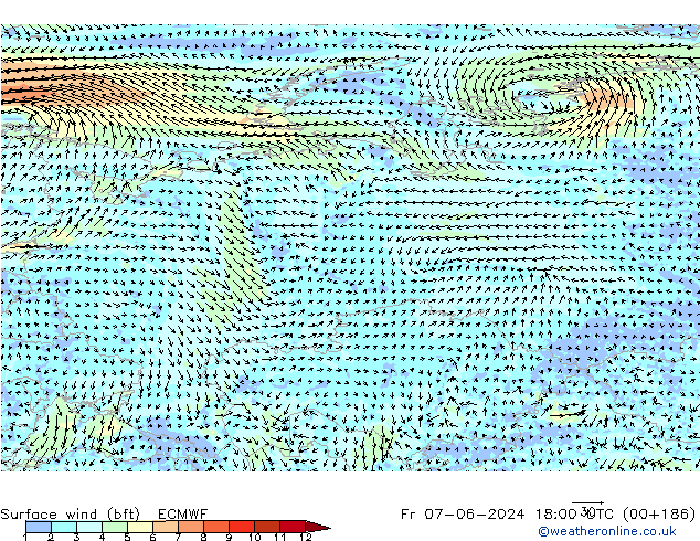 Rüzgar 10 m (bft) ECMWF Cu 07.06.2024 18 UTC
