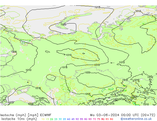 Isotachs (mph) ECMWF пн 03.06.2024 00 UTC