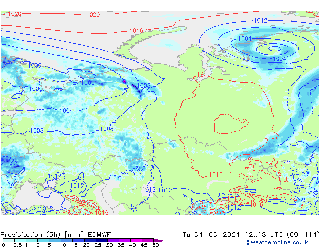 Precipitation (6h) ECMWF Út 04.06.2024 18 UTC